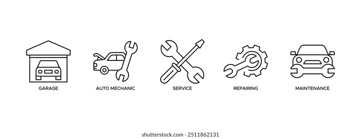 Car servicing icon set vector symbol illustration banner web concept with icon of garage, auto mechanic, service, repairing and maintenance