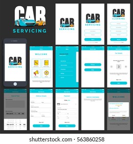 Car Servicing mobile app UI, UX, GUI kit including Sign In, Sign Up, Home, Menu, Service Type, Book Service and Review Screens.