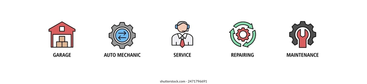 Car servicing web banner icon set vector illustration concept, infographic icon flow process which consists of repairing, maintenance, service, auto mechanic, garage icon live stroke and easy to edit