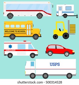 Car Set. Bus, trailer, school bus, loader, ambulance, passenger car, commercial vehicle, transportation, bus vector, the flat vehicle, the symbol of the trailer.