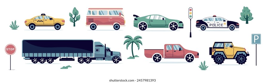 a car, a set of flat icons. types of city cars highlighted on a white background. Taxi, police, convertible, pickup truck. a truck, an SUV. for print, postcards, banners, children clothing. art vector