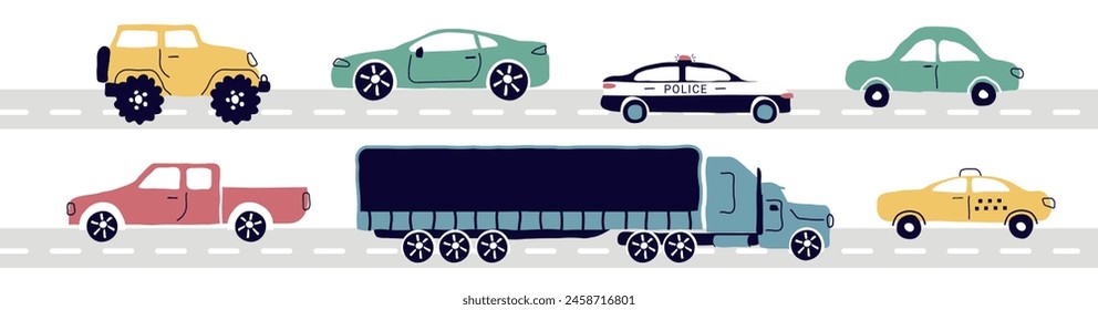 a car, a set of flat icons. types of city cars highlighted on a white background. Taxi, police, convertible, pickup truck. a truck, an SUV. for print, postcards, banners, children clothing. art vector