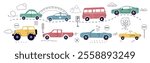 a car, a set of flat icons. urban car types isolated on a white background. Taxi, police, convertible, pickup truck. Bus, SUV. for print, postcard, banner, childrens clothing. art vector illustration.