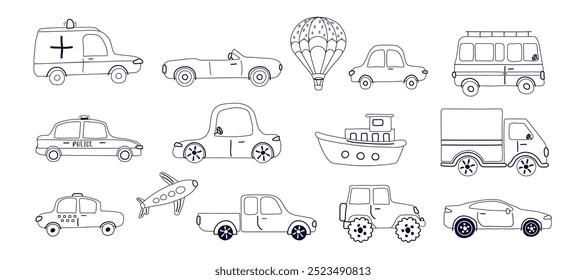 a car, a set of flat icons. urban car types isolated on a white background. Taxi, police.   for print, postcard, banner, childrens clothing. art vector illustration.