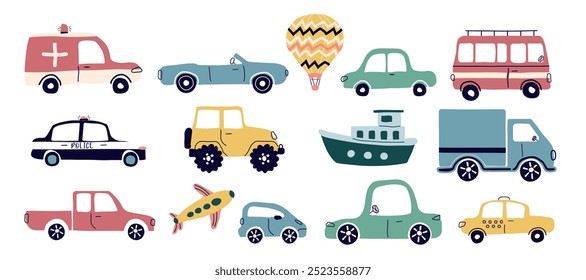 a car, a set of flat icons. urban car types isolated on a white background. Taxi, police, convertible, pickup truck. Bus, SUV. for print, postcard, banner, childrens clothing. art vector illustration.