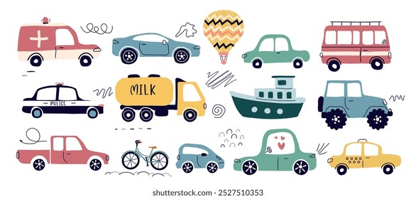 a car, a set of flat icons. urban car types isolated on a white background. Taxi, police, convertible, pickup truck. Bus, SUV. for print, postcard, banner, childrens clothing. art vector illustration.