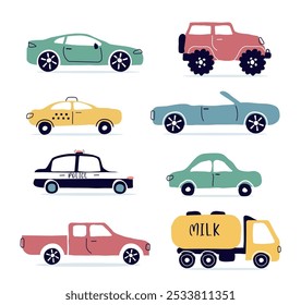 a car, a set of flat icons. urban car types isolated on a white background. Taxi, police, convertible, SUV. for print, postcard, banner, childrens clothing. art vector illustration.