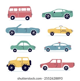 a car, a set of flat icons. urban car types isolated on a white background. Taxi, police, convertible, pickup truck. Bus, SUV. for print, postcard, banner, childrens clothing. art vector illustration.