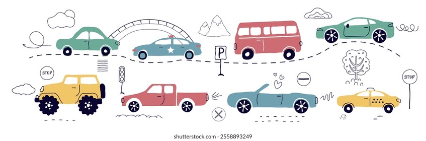 a car, a set of flat icons. urban car types isolated on a white background. Taxi, police, convertible, pickup truck. Bus, SUV. for print, postcard, banner, childrens clothing. art vector illustration.