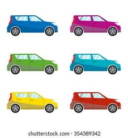 Car set in flat style. Vehicle icons. Colorful vector illustration.