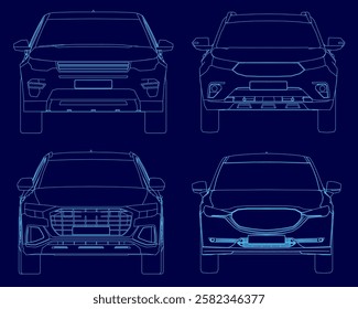 The car set is a four sedan outline. The car is blue contour. Front view.