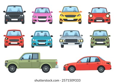 Car set. Front and side view transport, automobile different colors sedan and wagon, city pickup and hatchback. Urban autos collection. Vector cartoon flat isolated simple illustration