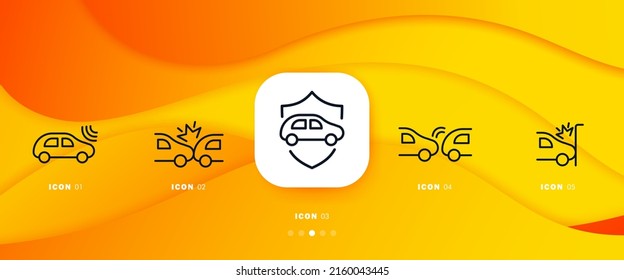 Car set icon. Accident, caution, descent, ascent, car repair, Collision of two cars. Auto Mechanic concept. Infographic timeline with icons and 5 steps. Vector line icon for Business and Advertising