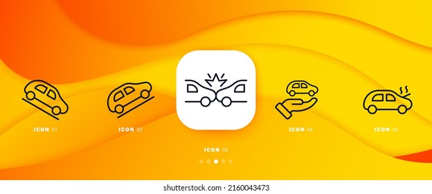 Car set icon. Accident, caution, descent, ascent, car repair, Service station. Auto Mechanic concept. Infographic timeline with icons and 5 steps. Vector line icon for Business and Advertising