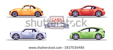 Car set isolated. Flat style eps10 illustration. Sedan, hatchback, muscle car, supercar, van, wagon vehicle. Side view. Simple modern design. Icons collection.