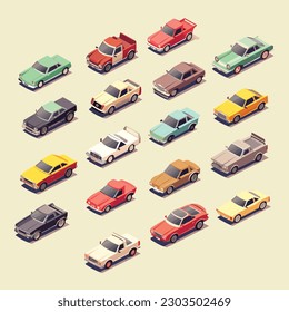 Ilustración vectorial isométrica del conjunto de coches
