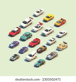 Ilustración vectorial isométrica del conjunto de coches