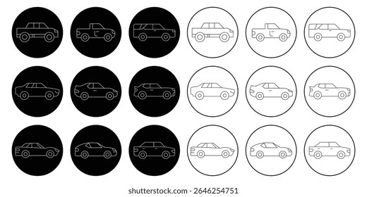 Iconos de la línea del sistema del coche en diseño plano con los Elementos para el diseño del Sitio web y los App móviles. Logotipo y símbolo moderno de la infografía de la colección. Pictograma de línea de Vector de coche. Conjunto de varios coches vista frontal y lateral. 