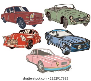 Car set vector print design. Vehicle hand sketch.