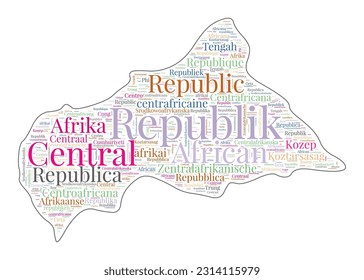 CAR shape filled with country name in many languages. CAR map in wordcloud style. Stylish vector illustration.