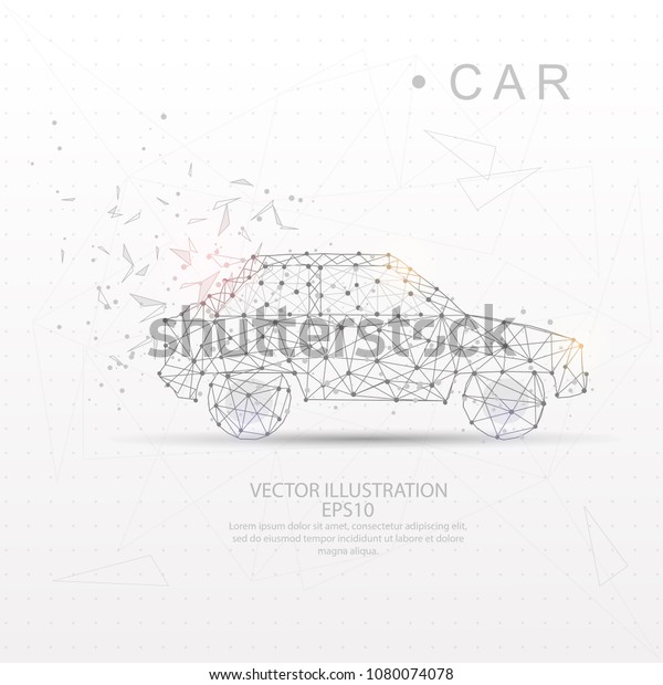 Car shape point, line and\
composition digitally drawn in the form of broken a part triangle\
shape and scattered dots low poly wire frame on white\
background.