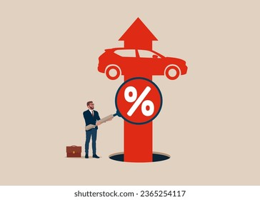 Car shaped arrow. Car, transport, automobile, growth. Businessman with magnifying glass to see percentage interest rate. Vector illustration.