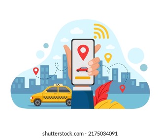 Car share app. Automobile parking. Rental auto ride by mobile device. Transport rent service. Hand holding smartphone. Route map navigation. Taxi order application. Vector cartoon concept