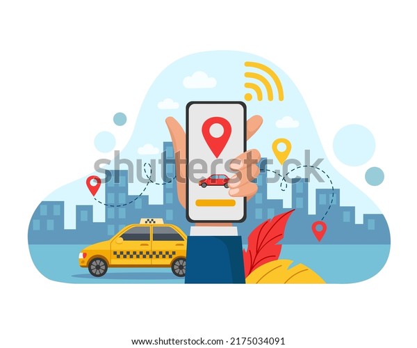 Car share app. Automobile parking. Rental auto\
ride by mobile device. Transport rent service. Hand holding\
smartphone. Route map navigation. Taxi order application. Vector\
cartoon concept
