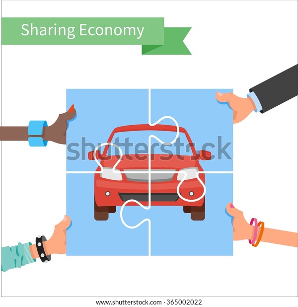 Car share\
concept. Sharing economy and collaborative consumption vector\
Illustration. Hands holding vehicle\
puzzle.