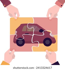 Car share concept. Short-term car rental service. Sharing economy and collaborative consumption. Hands holding vehicle puzzle. flat vector illustration