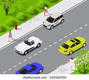 Car share concept vector. Automobile awaits it been ordered. Isometric city life illustration with walking and running people and riding cars.