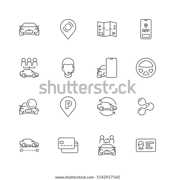 Car share icon.\
Rental city automobile urban transport mobility smart sharing\
vector linear symbols\
collection