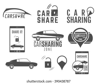 Car share logo designs set. Car Sharing vector concepts. Collective usage of cars via web application. Carsharing icons, elements and symbols collection. Use for web-design or print