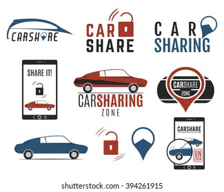 Car Share Logo Designs Set. Car Sharing Vector Concepts. Collective Usage Of Cars Via Web Application. Carsharing Icons, Elements And Symbols Collection. Use For Webdesign Or Print. Color Palette