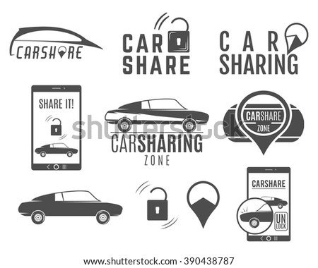 Car share logo designs set. Car Sharing vector concepts. Collective usage of cars via web application. Carsharing icons, elements and symbols collection. Use for web-design or print