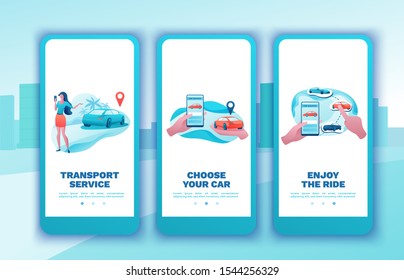 Car share mobile template set, cartoon people, rent automobile, businessman order ride, rental service mobile app, smartphone concept, man, girl, flat vector design, turquoise, red color