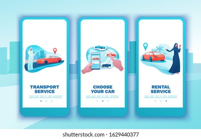 Car share mobile template set, arab people, rent automobile, smartphone concept 