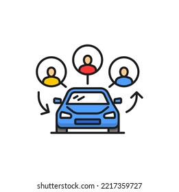 Servicio de coches compartidos, carpool, la gente quiere compartir carros. Carpooling vectorial o uso compartido de automóviles, viajes compartidos, icono de transporte compartido. Varios conductores en alquiler de coches