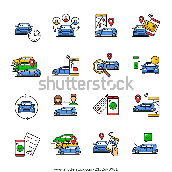 Car share service color linear icons of\
carsharing and auto rental. Vector pictograms of mobile phone app\
with smart vehicles, drive license, key, automobile location\
pointer, rent cars and\
carpool