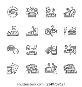 Car share service linear icons, taxi rent and vehicle sharing, vector car pool symbols. Carsharing or auto carpooling service line icons for passenger transport exchange and transport share app