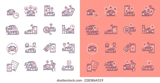 Iconos lineales del servicio de uso compartido de coches, aplicación móvil vectorial. Compartir, alquilar o registrar vehículos, compartir carros, permiso de conducción, hoja de ruta con punteros de ruta y autoubicación, transporte económico