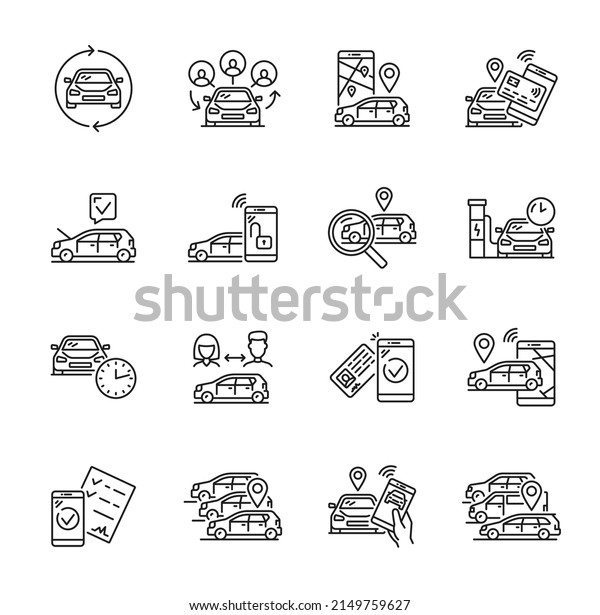 Car share service linear icons, taxi rent and vehicle\
sharing, vector car pool symbols. Carsharing or auto carpooling\
service line icons for passenger transport exchange and transport\
share app
