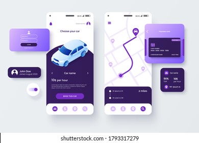 Car Share Service Mobile Application Template. UI, UX, GUI Design Elements. User Interface Kit Isolated On Grey Background. Car Sharing App. Vector Eps 10.