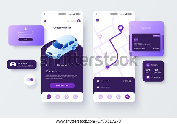 Car share service mobile\
application template. UI, UX, GUI design elements. User Interface\
kit isolated on grey background. Car sharing app. Vector eps\
10.