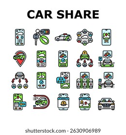 car share service transport icons set vector. road, ride commute, pooling, mobility, green eco, sustainable, electric, hybrid, app car share service transport color line illustrations