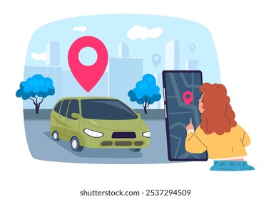 Car Sharing App. Carsharing mobile online service konzept, frau suchen miete auto teilen lage in telefon, miete transport teilen smartphone anwendung vektor grafik original artwork