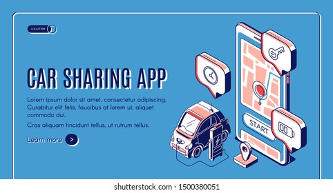 Car sharing app isometric landing page. Mobile service for city transportation, online carsharing, auto charging at huge smartphone with gps mark on screen. 3d vector illustration, line art web banner