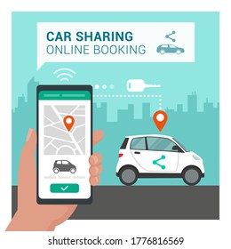 Car sharing app: man booking his car online using a mobile app