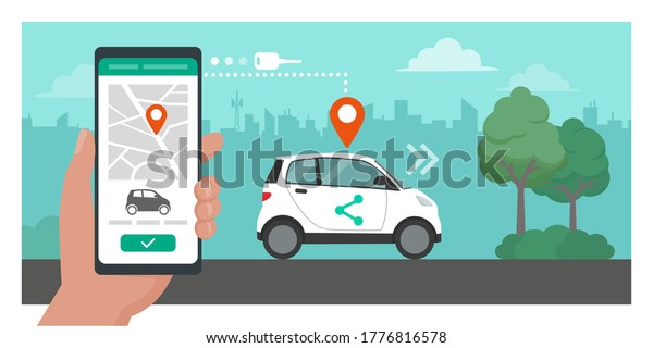 Car sharing app: man booking his car online using a\
mobile app