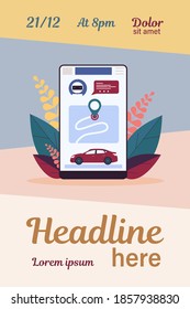 Car sharing app. Smartphone app interface with map and vehicle flat vector illustration. City transport, transportation, urban traffic concept for banner, website design or landing web page